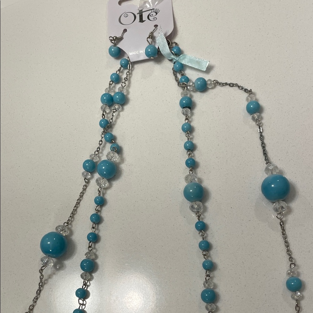 Blue Beaded Necklace and Earring Set